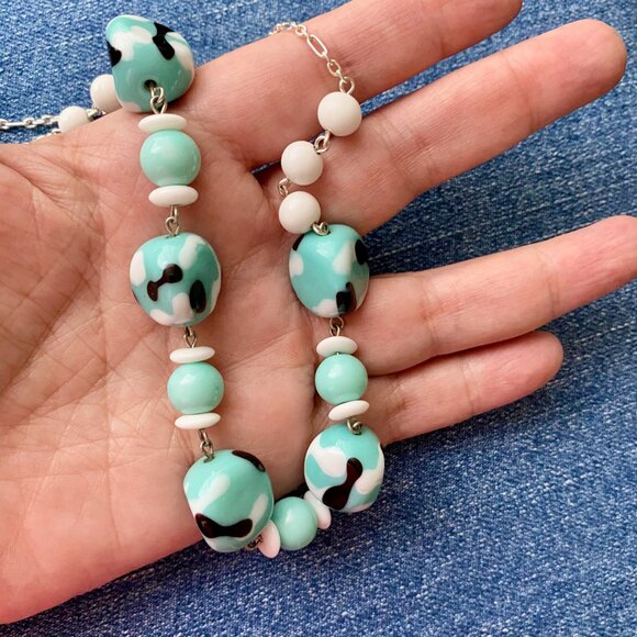 Handcrafted Japanese Turquoise Abstract Glass Bead Necklace - Picture 2 of 5